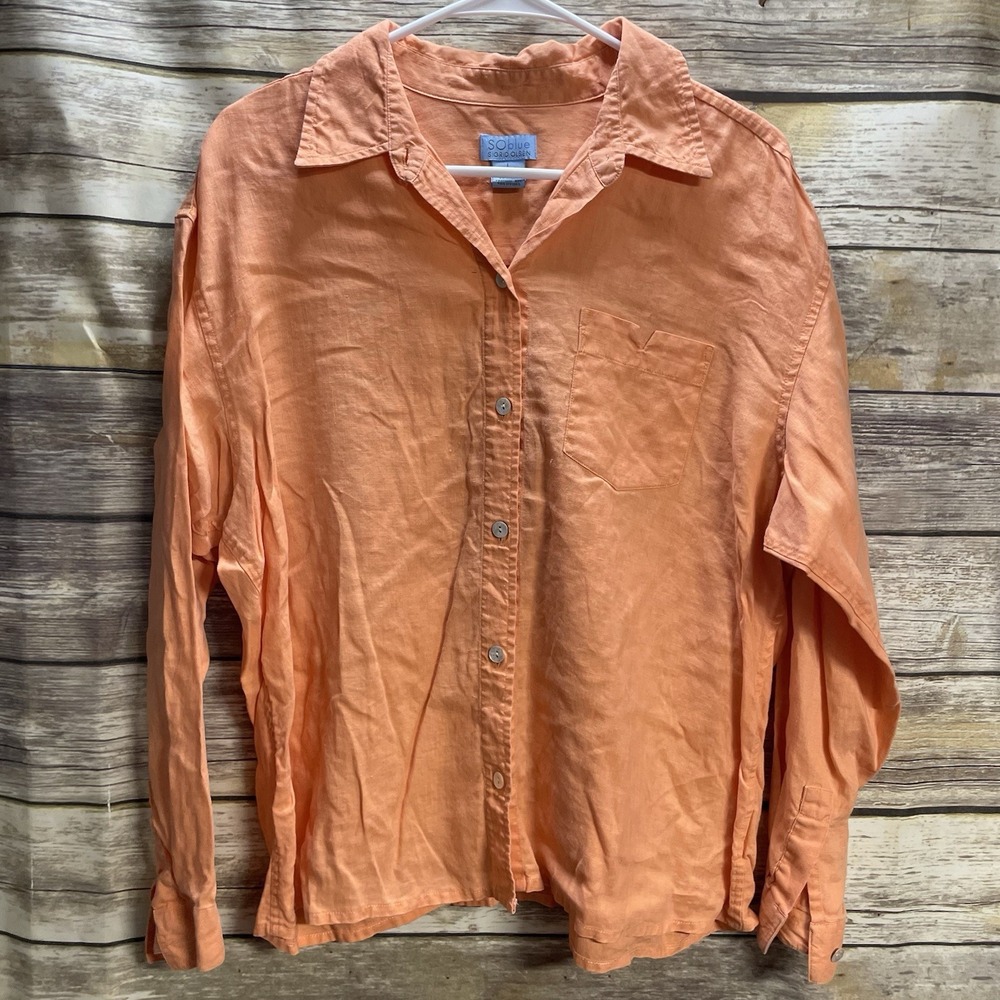 Sigrid Olsen Women's Large Linen Shirt Coral Orange Roll-tab Sleeve Coastal‎